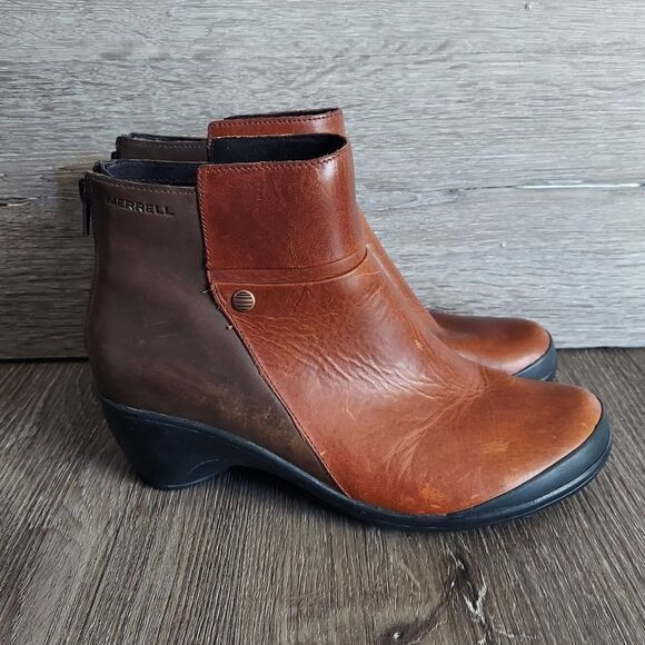 Merrell Veranda 2-tone Brown Leather Back Zip Up Ankle Mid Boots Women's 6.5 - Picture 1 of 10